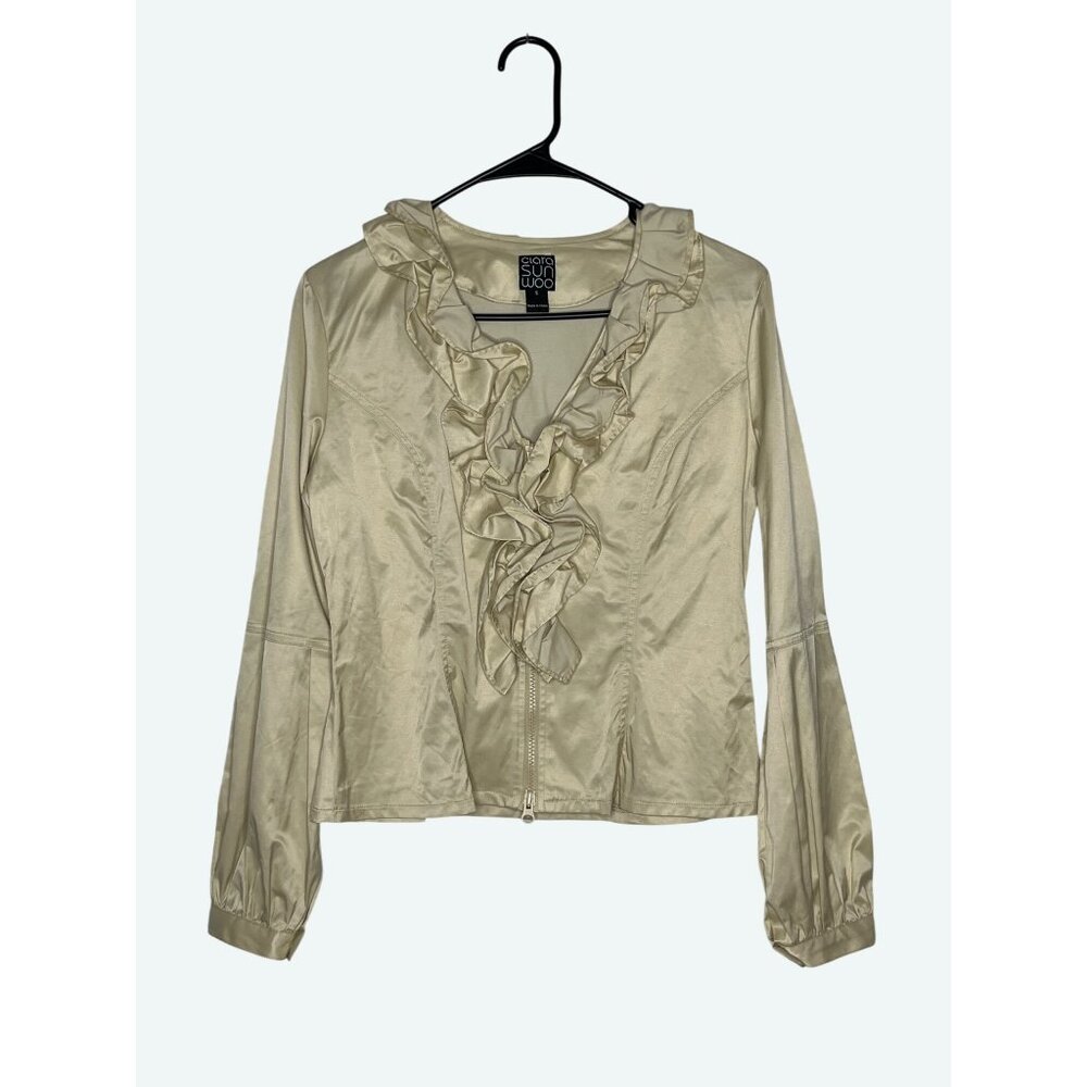 Clara Sun Woo Full Zip Ruffle Front Gold Jacket Puff Sleeves Cotton Blend Small
